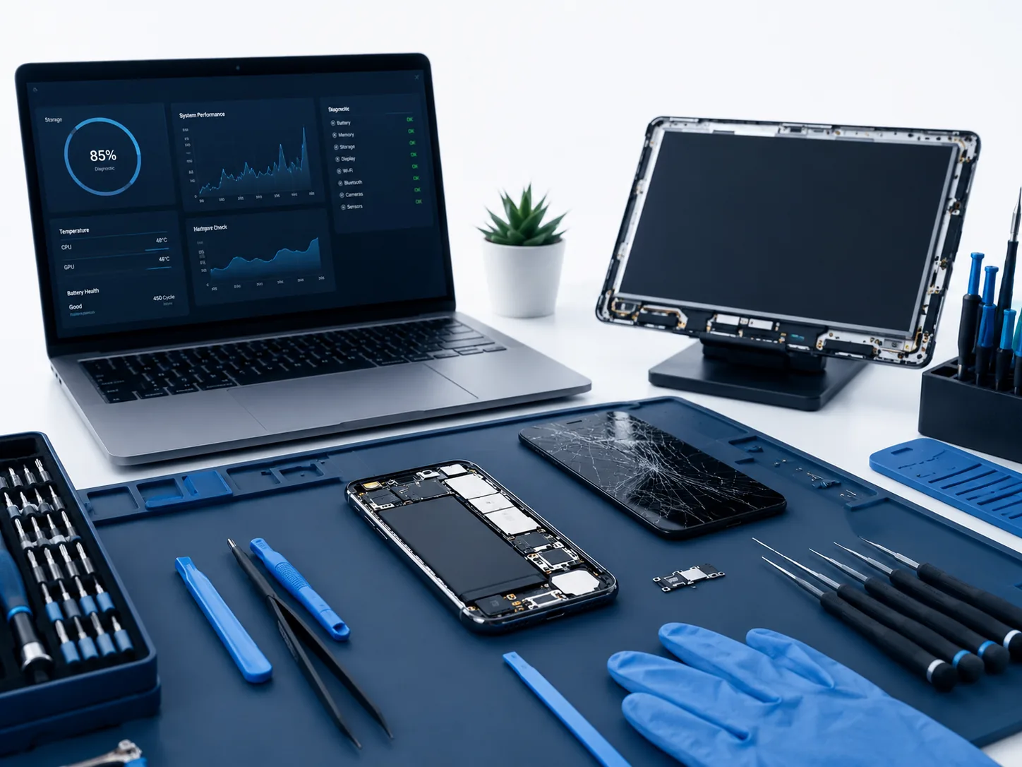 Repair bench with a laptop, phone and precision tools