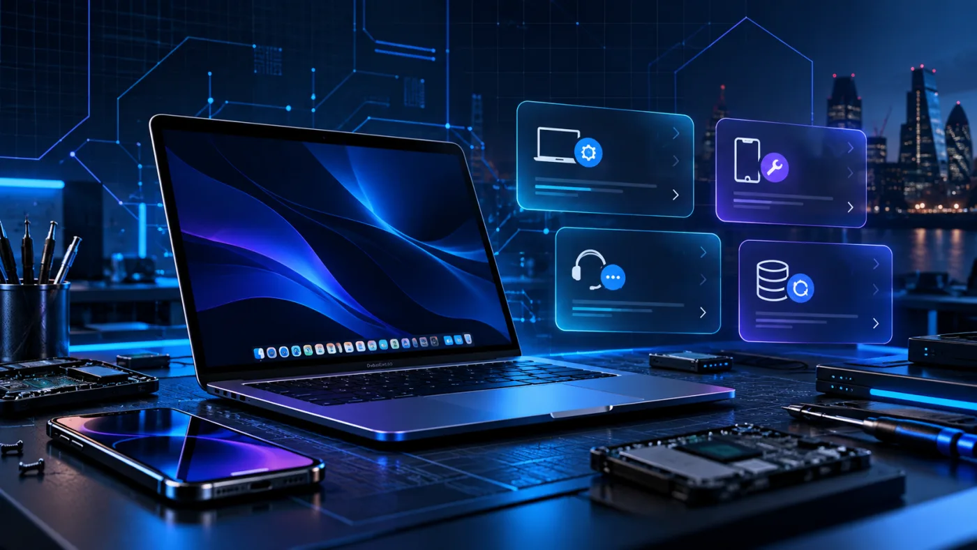 A laptop, a phone and repair tools on a workbench, with service panels alongside