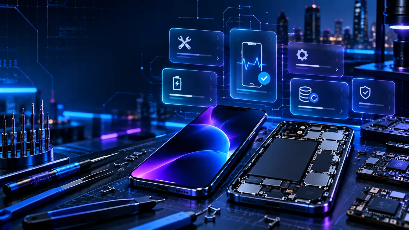 A phone opened on a repair bench beside precision tools and a replacement part