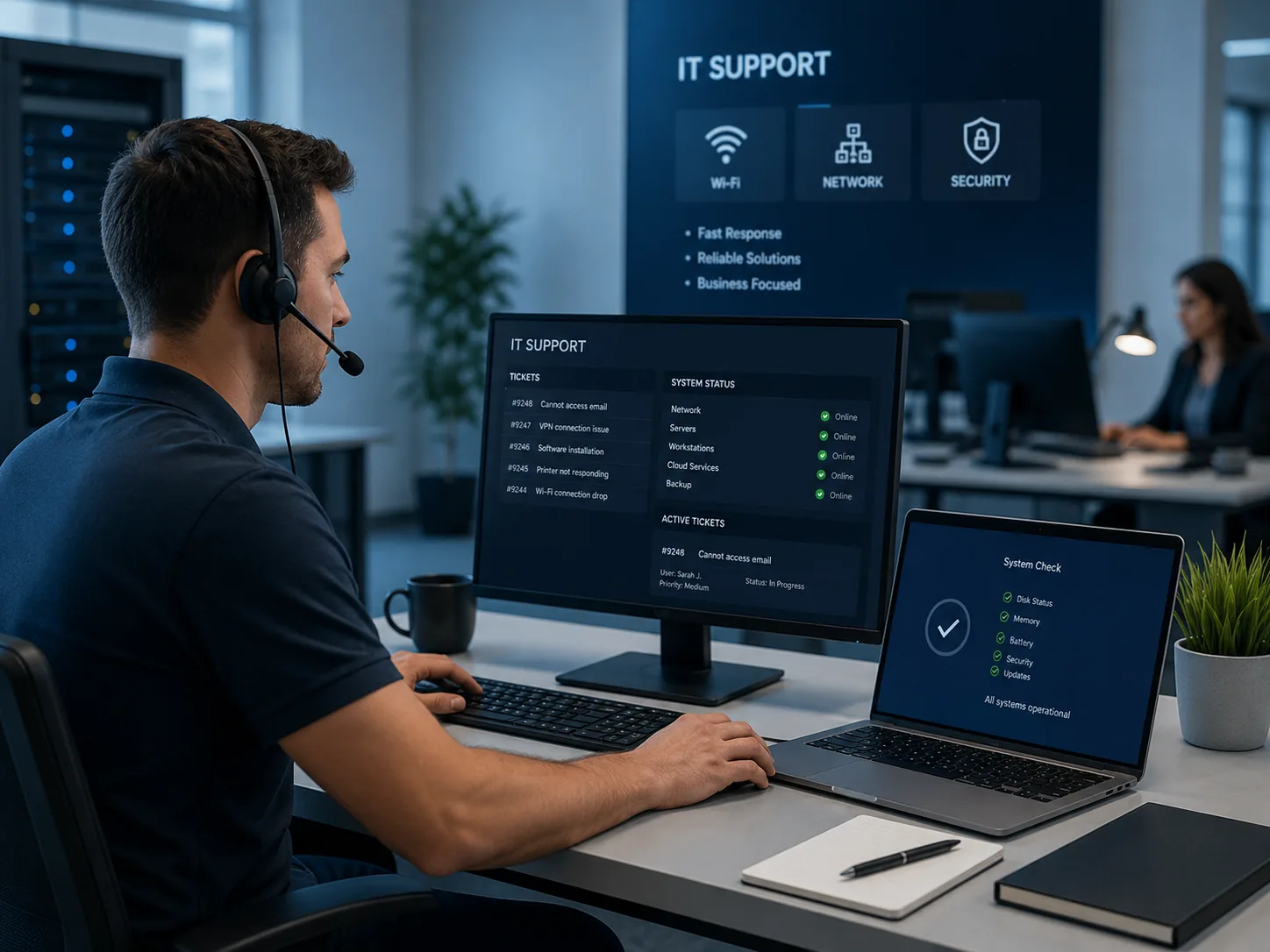 Professional business IT support workspace
